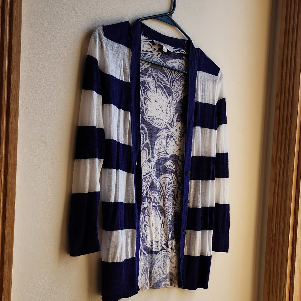 LOFT Purple/White Striped Mixed Media Cardigan Sweater Size Small - Picture 6 of 15